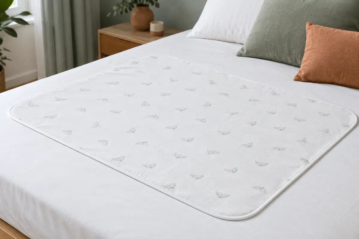 Alèse blanche lavable à motif ailes posée sur un lit aux draps blancs dans une chambre épurée.