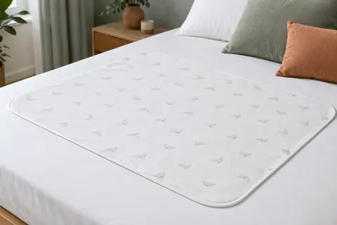 Alèse blanche lavable à motif ailes posée sur un lit aux draps blancs dans une chambre épurée.