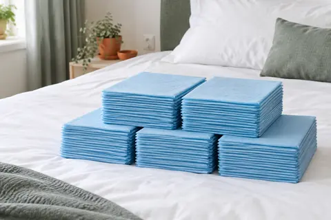 Cinquante alèses jetables bleues, empilées sur un lit aux draps blancs dans une chambre épurée.