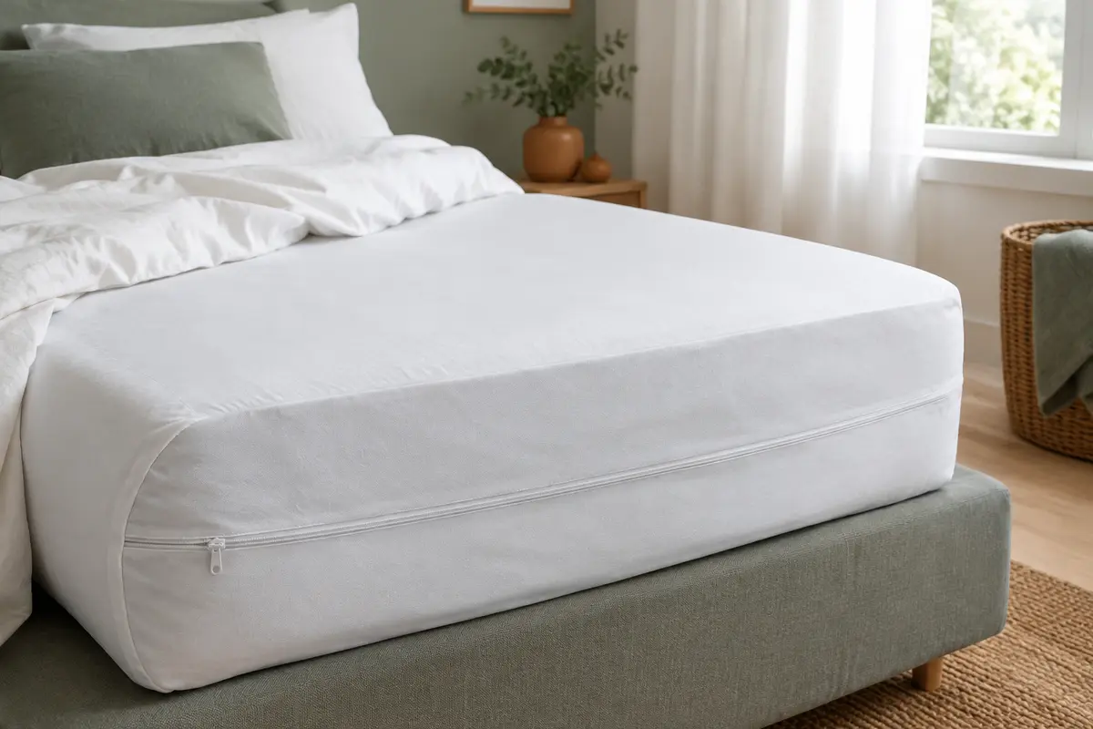 Housse intégrale blanche autour d’un matelas, avec fermeture éclair visible sur le côté.