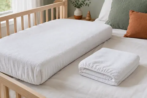 Deux protège-matelas blancs en coton éponge, l’un posé sur un petit matelas et l’autre plié