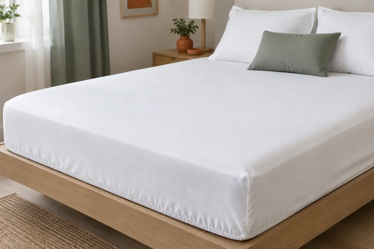 Protège-matelas blanc en forme de drap-housse posé sur un matelas dans une chambre lumineuse