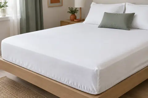 Protège-matelas blanc en forme de drap-housse posé sur un matelas dans une chambre lumineuse