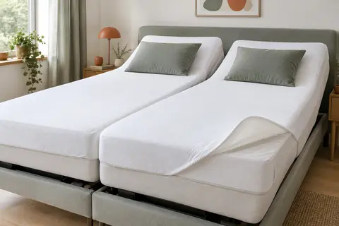 Deux protège-matelas blancs en coton installés sur un lit articulé à deux couchages