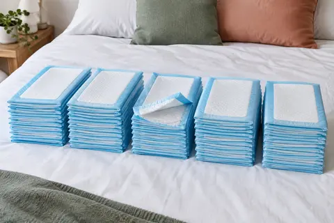 Cinquante alèses jetables blanches et bleues disposées en piles sur un lit aux draps blancs.