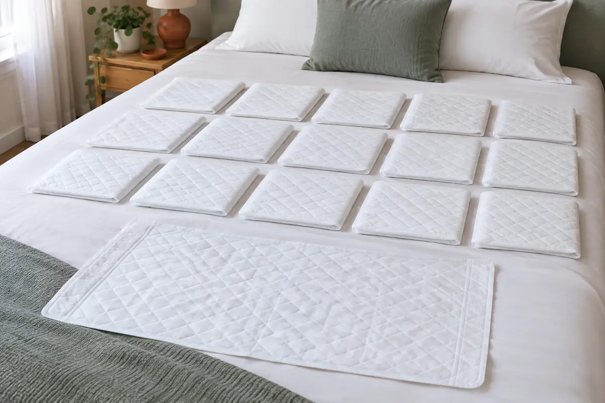 Lot de 20 alèses jetables blanches matelassées, disposées en rangées sur un lit aux draps blancs.