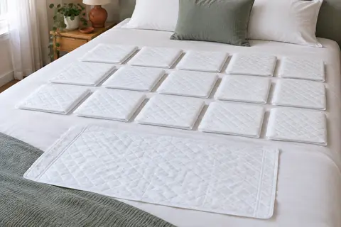 Lot de 20 alèses jetables blanches matelassées, disposées en rangées sur un lit aux draps blancs.