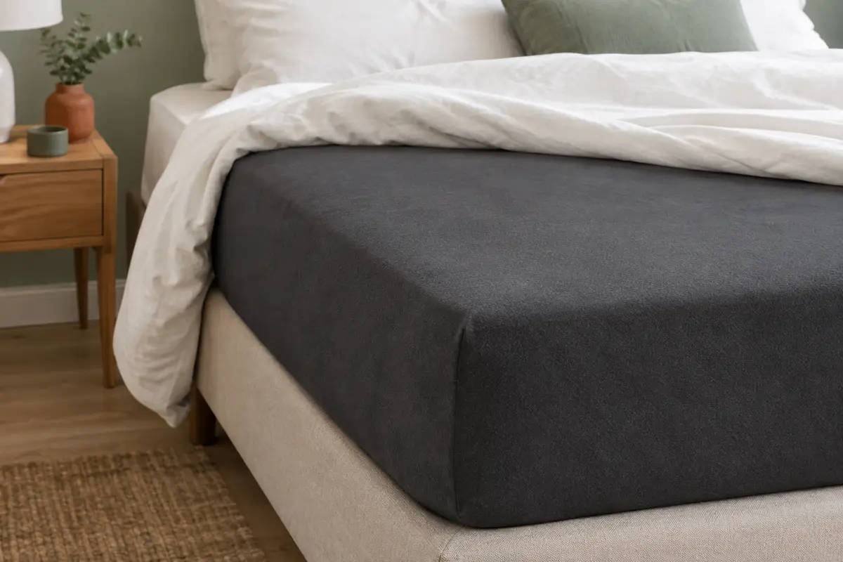 Protège-matelas imperméable anthracite ajusté sur un matelas dans une chambre épurée