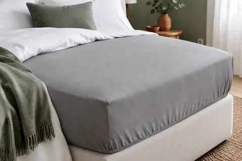 Protège-matelas drap-housse gris tendu sur un lit blanc dans une chambre lumineuse