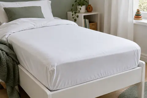 Protège-matelas bébé blanc en jersey avec contours élastiques, installé sur un matelas de lit