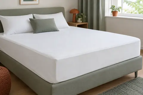 Protège-matelas drap-housse en molleton de coton installé sur un lit dans une chambre épurée.