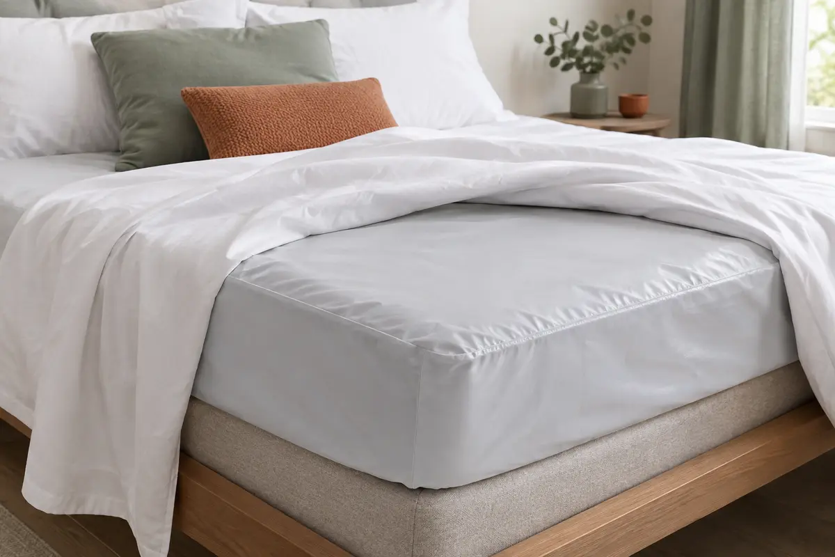 Protège-matelas Sweet Night en forme drap-housse posé sur un lit, avec un angle ajusté visible