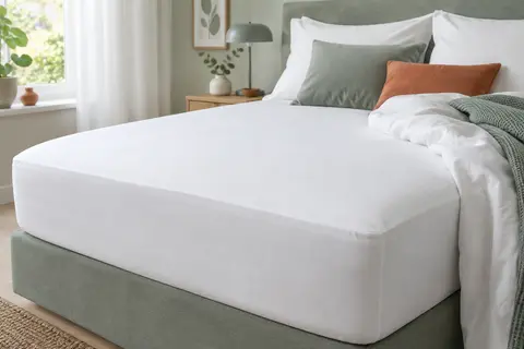 Protège-matelas blanc Sweet Night en forme drap-housse posé sur un matelas dans une chambre épurée.