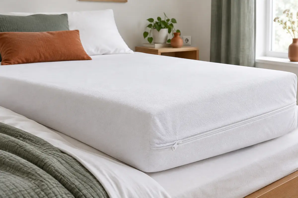 Housse intégrale blanche en jersey, zippée sur les côtés et ajustée à un matelas compact