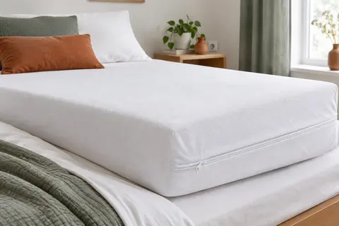 Housse intégrale blanche en jersey, zippée sur les côtés et ajustée à un matelas compact