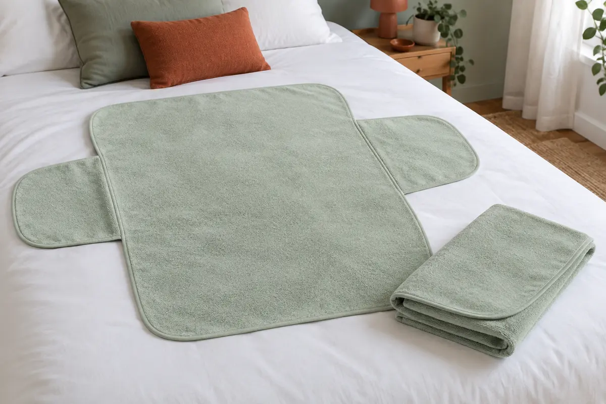 Deux alèses lavables vert clair à ailes, l’une déployée et l’autre pliée sur un lit blanc.