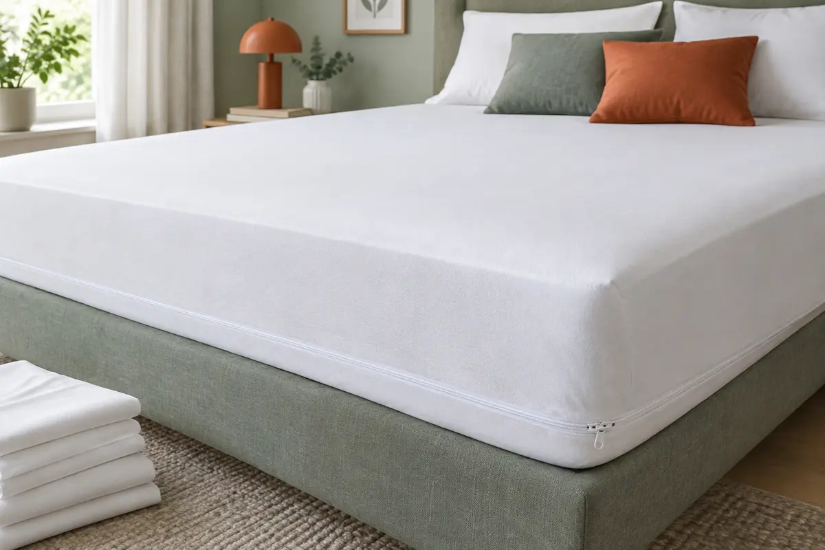 Housse de matelas blanche Teskad avec fermeture éclair, présentée dans une chambre claire et épurée.