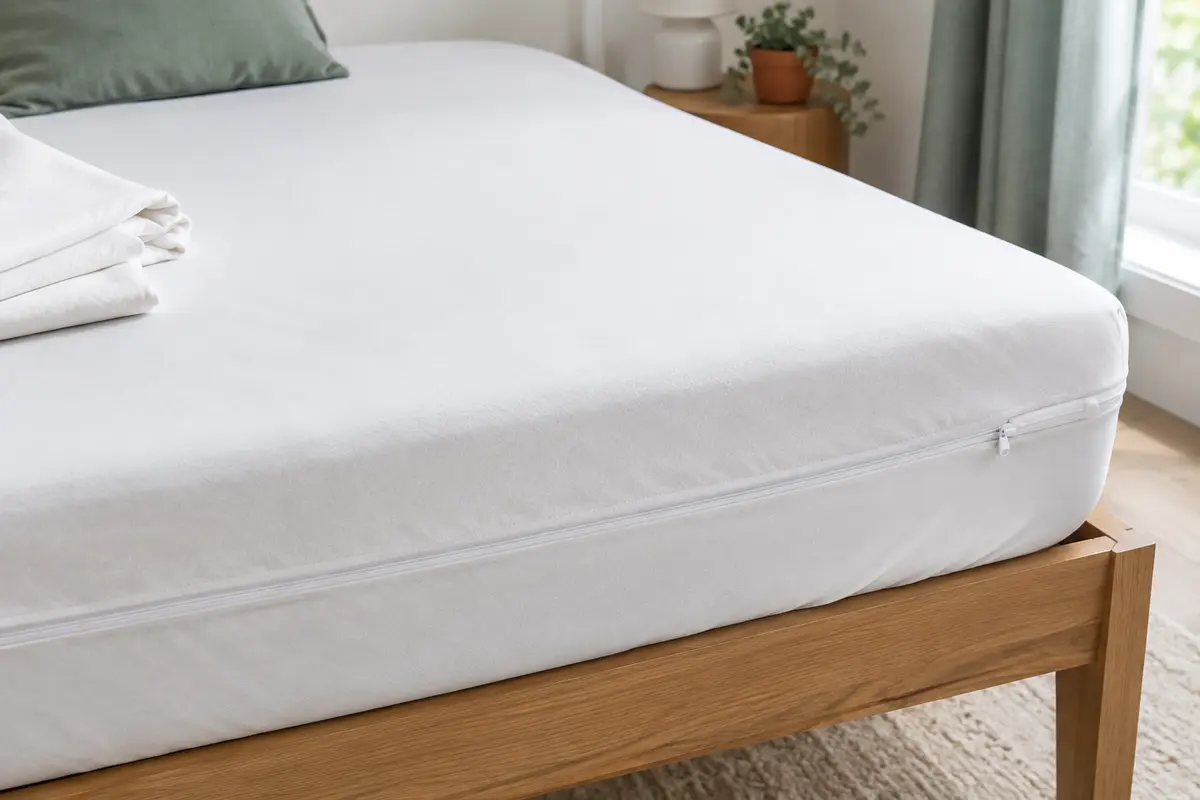 Housse intégrale blanche en jersey sur un matelas, avec sa fermeture éclair sécurisée visible.