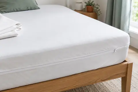 Housse intégrale blanche en jersey sur un matelas, avec sa fermeture éclair sécurisée visible.