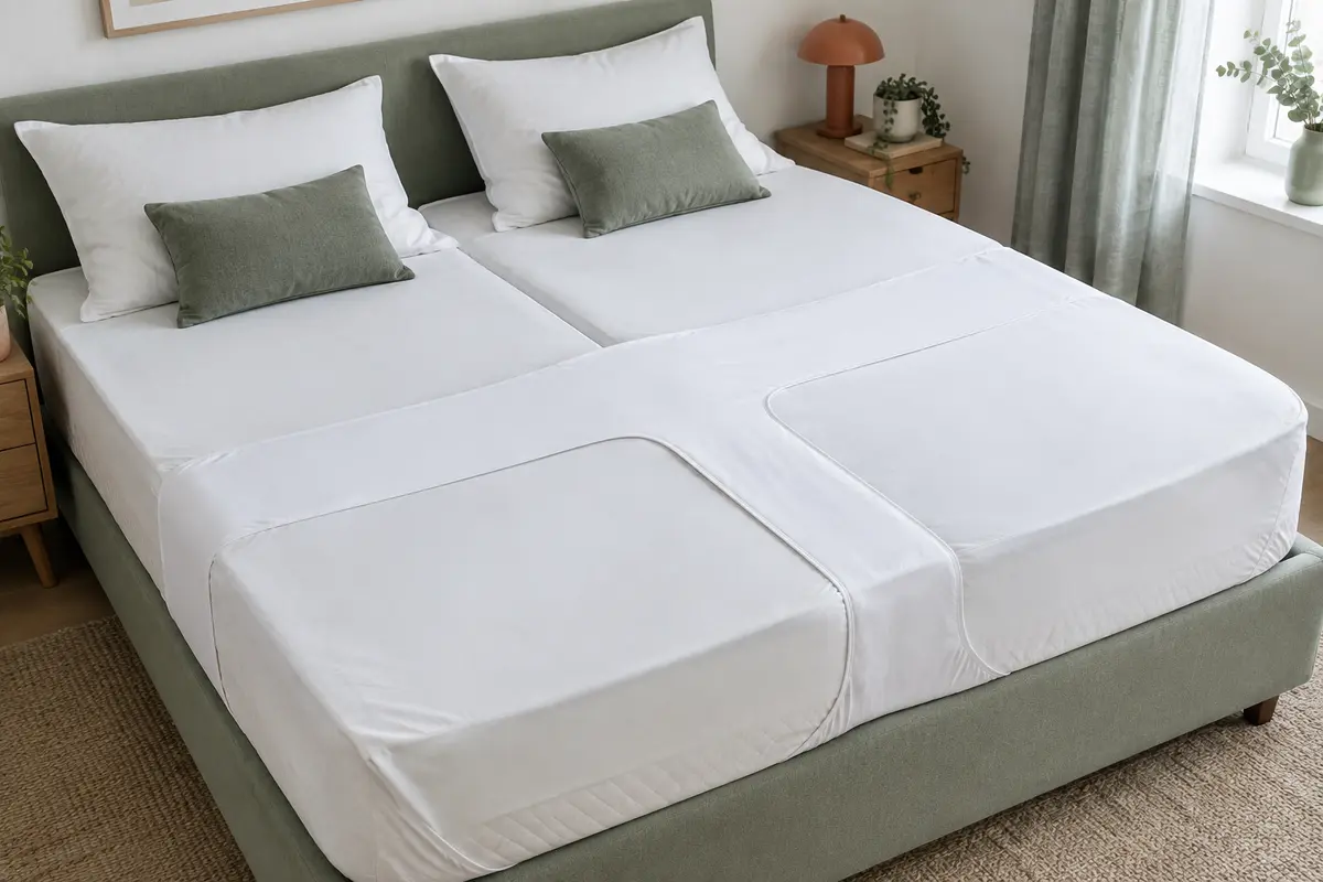 Protège-matelas blanc en H posé sur deux matelas articulés côte à côte