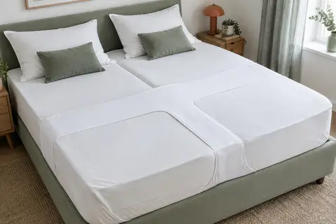 Protège-matelas blanc en H posé sur deux matelas articulés côte à côte