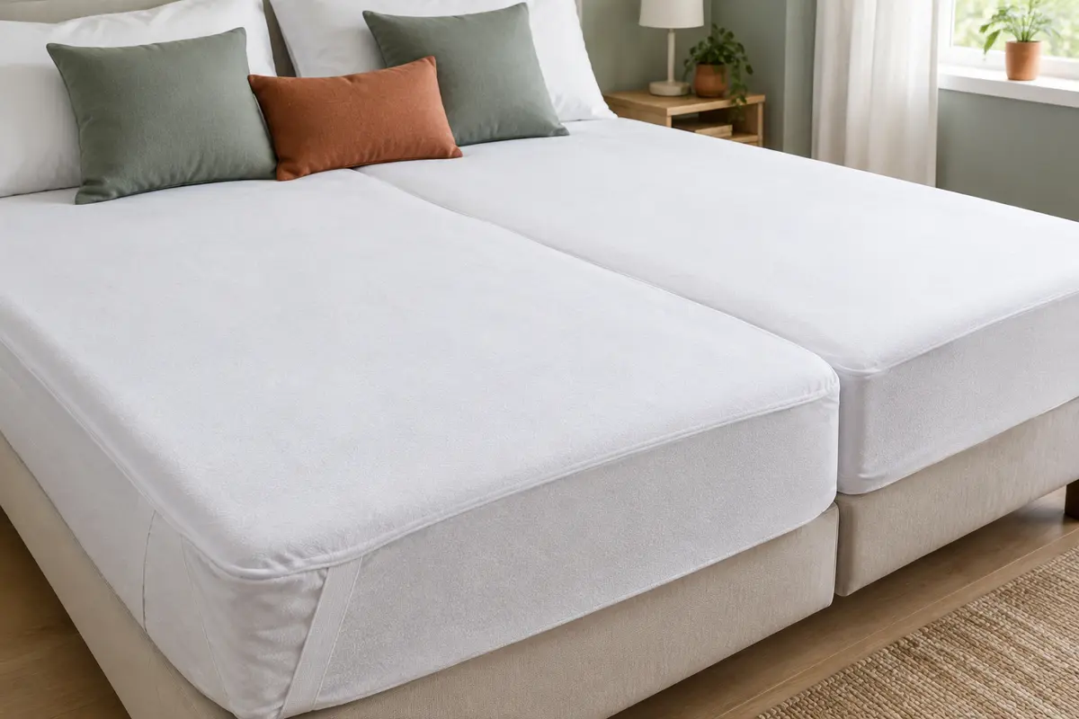 Protège-matelas blanc en deux parties liées, installé sur deux matelas articulés côte à côte