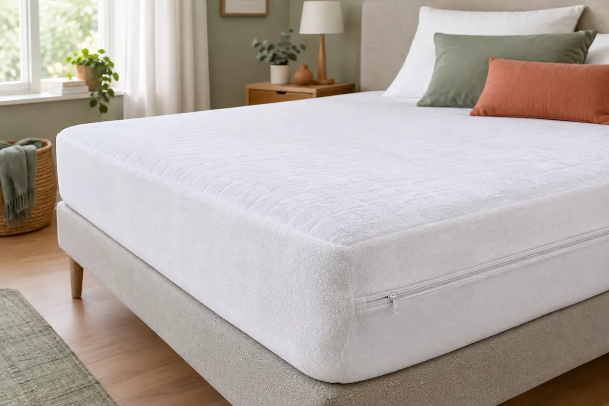 Housse intégrale blanche en coton éponge, zippée autour d’un matelas dans une chambre épurée.