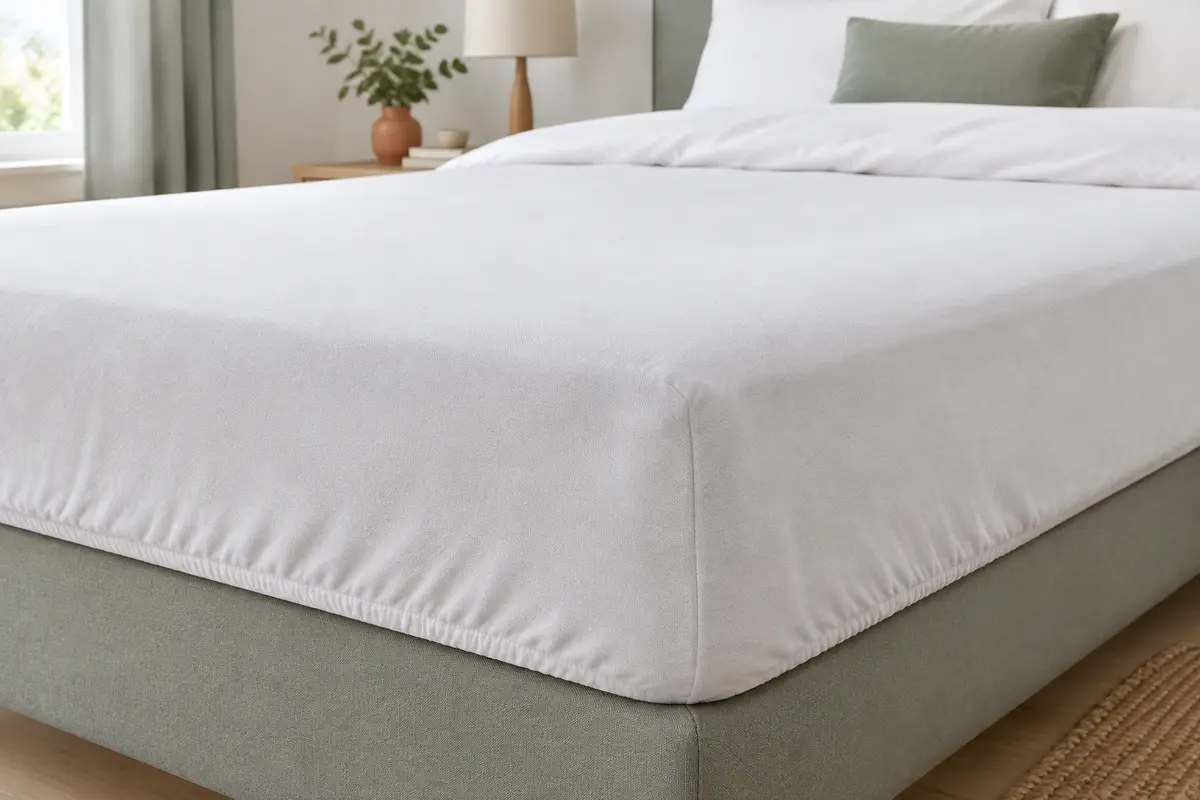 Protège-matelas en microfibre uni ajusté sur un matelas, avec sa jupe élastique visible