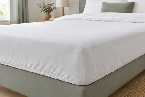 Protège-matelas en microfibre uni ajusté sur un matelas, avec sa jupe élastique visible