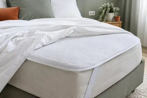 Protège-matelas blanc Twinzen en coton posé sur un lit, avec un coin élastique visible