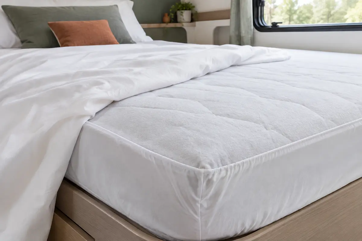 Protège-matelas blanc matelassé ajusté sur un couchage de camping-car, avec son bonnet profond visible.