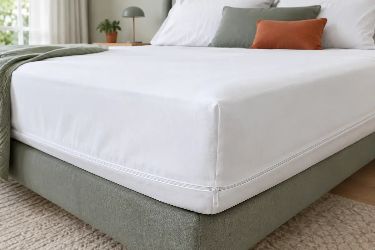 Housse de matelas blanche enveloppante avec fermeture éclair, installée sur un lit dans une chambre épurée.