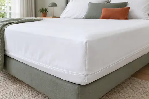 Housse de matelas blanche enveloppante avec fermeture éclair, installée sur un lit dans une chambre épurée.