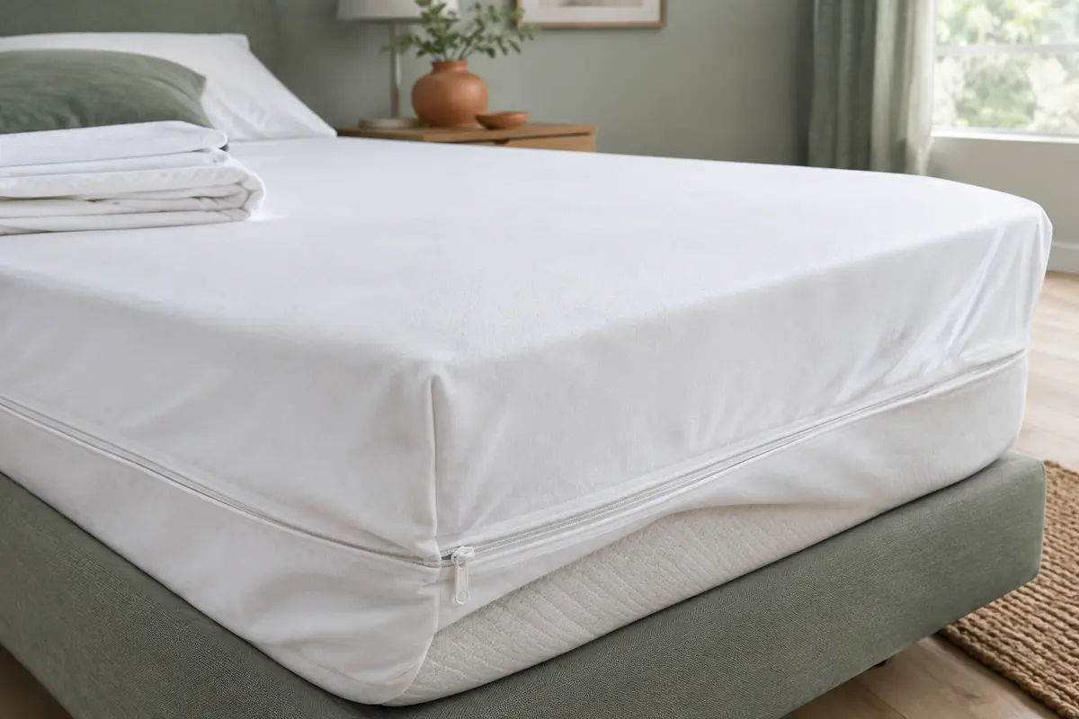 Housse de matelas blanche zippée, installée sur un matelas et montrant son enveloppe intégrale