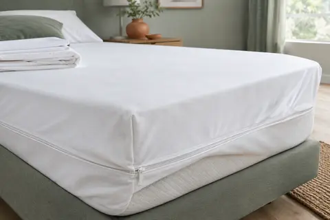 Housse de matelas blanche zippée, installée sur un matelas et montrant son enveloppe intégrale