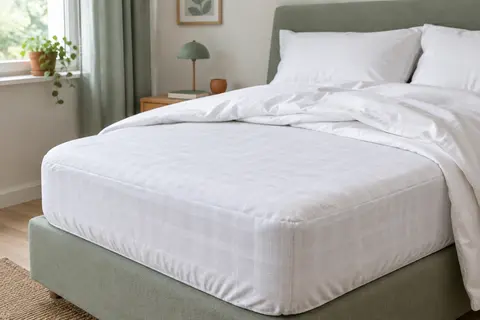 Protège-matelas blanc en jersey, ajusté sur un matelas avec son élastique périphérique visible