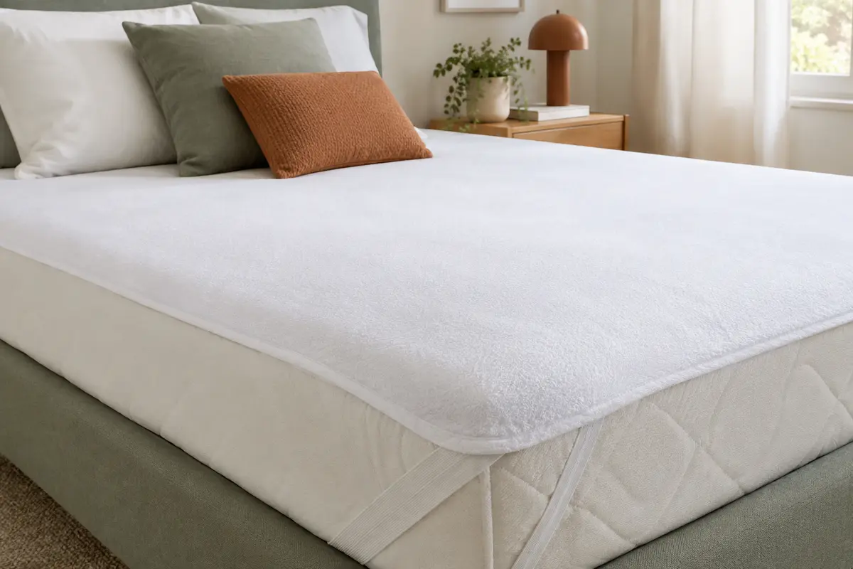 Protège-matelas blanc à surface textile douce, posé sur un lit dans une chambre lumineuse