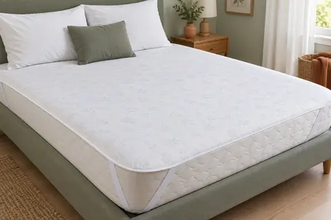 Protège-matelas blanc à motif floral et quatre sangles élastiques, posé sur un matelas