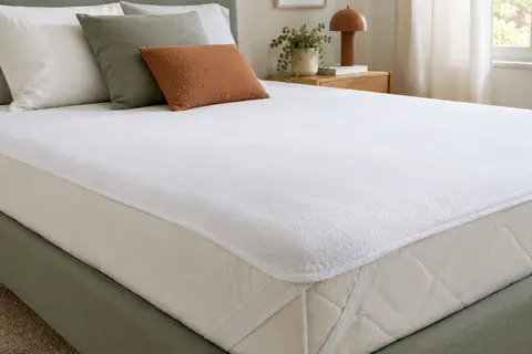 Protège-matelas blanc à surface textile douce, posé sur un lit dans une chambre lumineuse