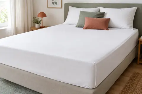 Protège-matelas blanc en éponge, ajusté comme un drap-housse sur un lit
