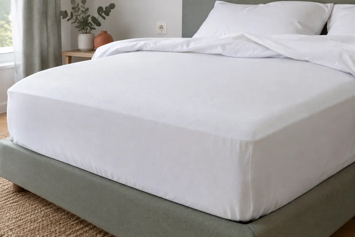 Protège-matelas blanc en viscose et polyester ajusté sur un matelas avec un élastique périphérique.
