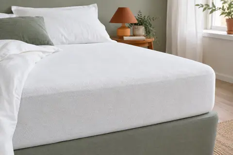 Protège-matelas blanc en viscose éponge ajusté sur un matelas, avec sa surface texturée visible