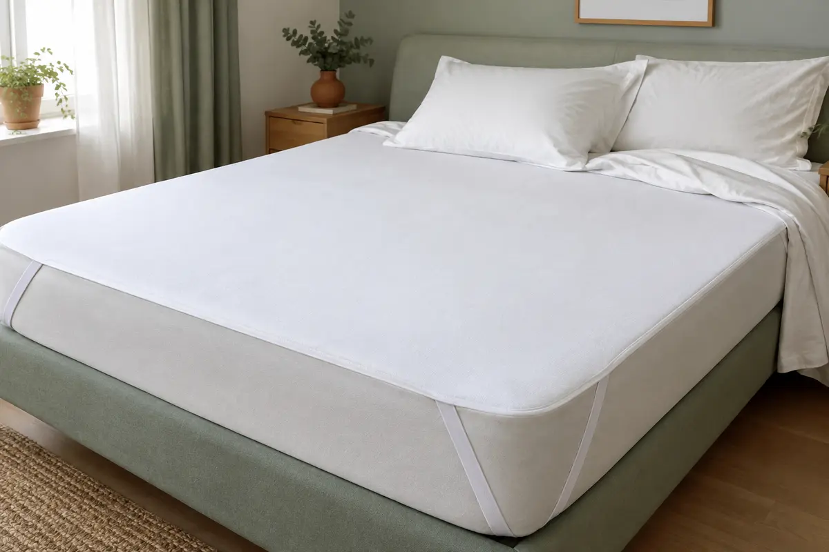 Protège-matelas blanc en forme plateau, fixé aux quatre coins d’un matelas