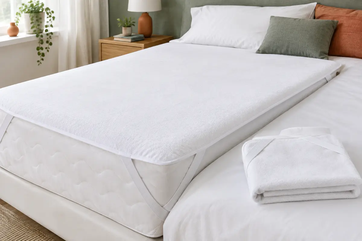 Deux protège-matelas blancs à sangles d’angle, l’un posé sur un lit et l’autre plié