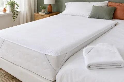 Deux protège-matelas blancs à sangles d’angle, l’un posé sur un lit et l’autre plié