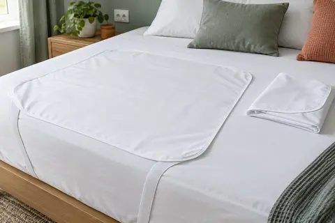 Deux alèses blanches lavables, dont une posée sur un lit et l’autre pliée à côté