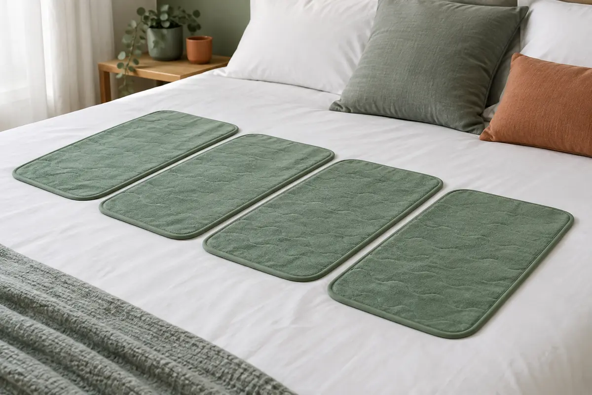 Quatre alèses lavables vertes à coutures ondulées posées sur un lit aux draps blancs