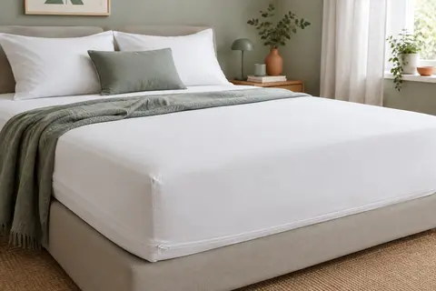 Housse intégrale Wrappybag en polycoton blanc naturel enveloppant un matelas dans une chambre épurée