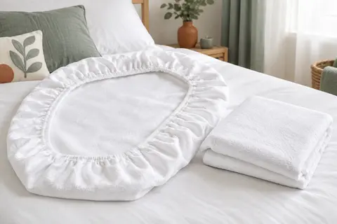 Deux protège-matelas bébé blancs en bambou, l’un déployé et l’autre plié dans une chambre claire
