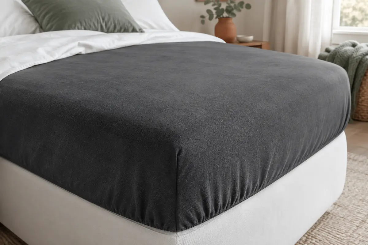 Protège-matelas drap-housse gris foncé posé sur un matelas blanc dans une chambre épurée